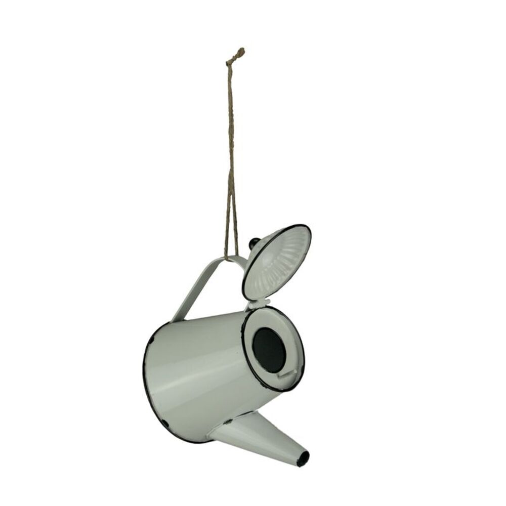 White Enamel Metal Rustic Tea Kettle Decorative Outdoor Hanging Birdhouse Small